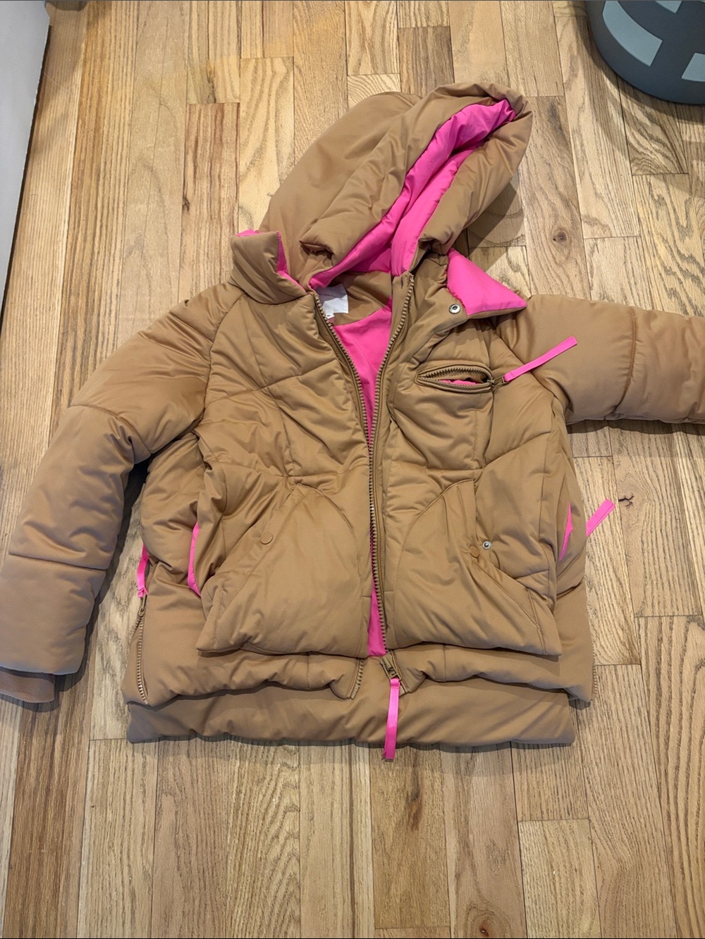 Avec Les Filles (Anthropologie Brand) Tan Puffer Jacket with Pink Accents
